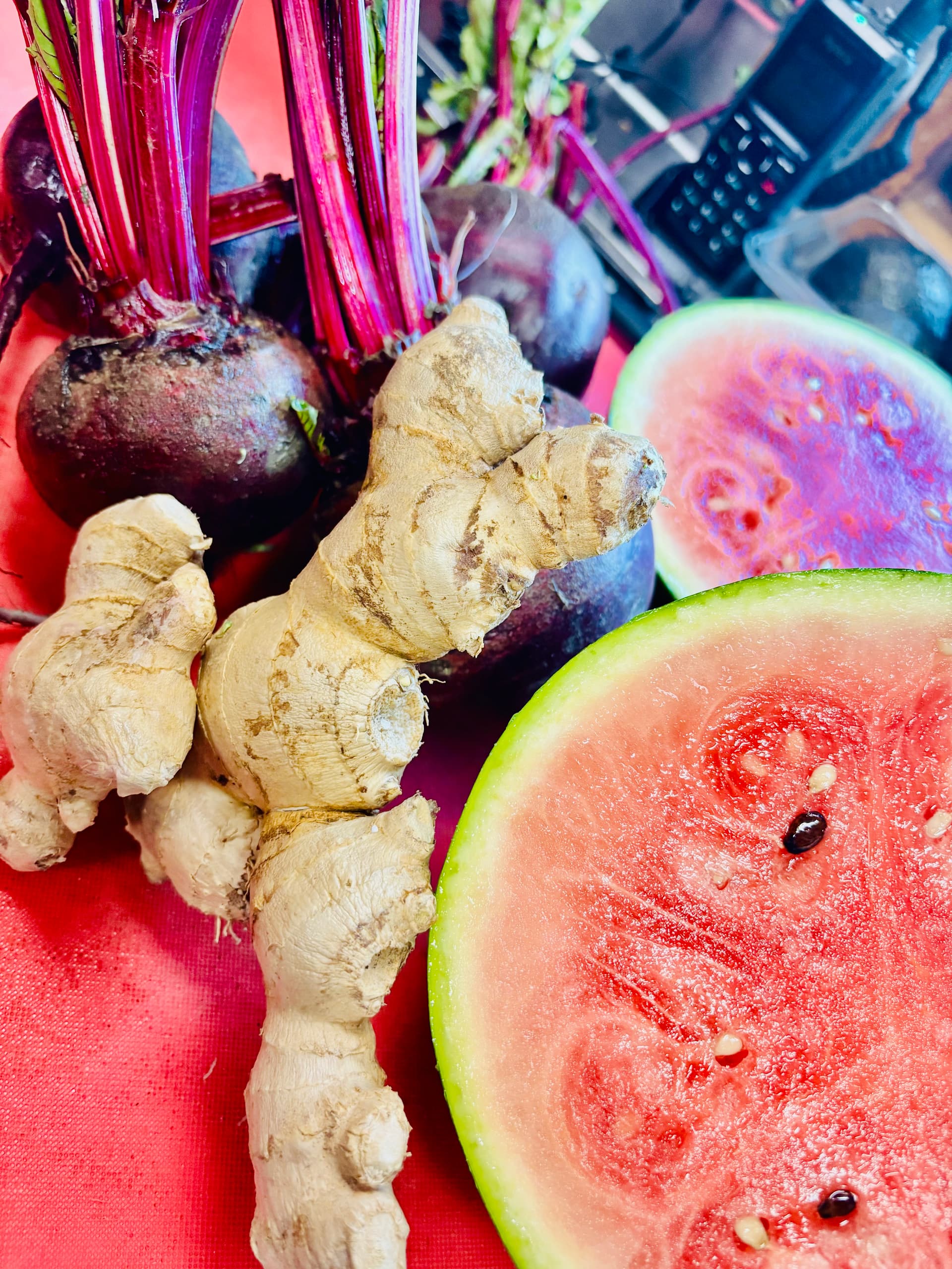 Fresh watermelon, ginger, and raw beets